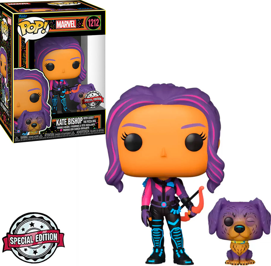 FUNKO POP MARVEL HAWKEYE BLACKLIGHT EXCLUSIVE - KATE BISHOP W/LUCKY THE PIZZA DOG 1212 BRINDE