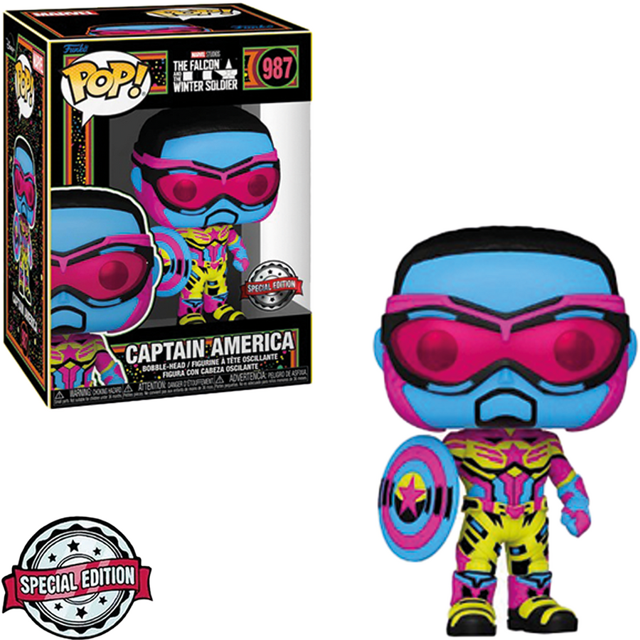 FUNKO POP MARVEL THE FALCON AND THE WINTER SOLDIER BLACK LIGHT EXCLUSIVE - CAPTAIN AMERICA 987 BRINDE