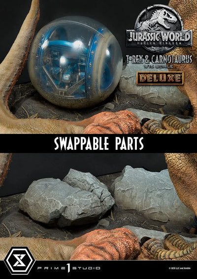 T-Rex & Carnotaurus (Deluxe Version) - LIMITED EDITION: 150 (Deluxe Version) – Prime 1 Studio – ActionFigure Brasil — com base expositora