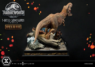 T-Rex & Carnotaurus (Deluxe Version) - LIMITED EDITION: 150 (Deluxe Version) – Prime 1 Studio – ActionFigure Brasil — com base expositora